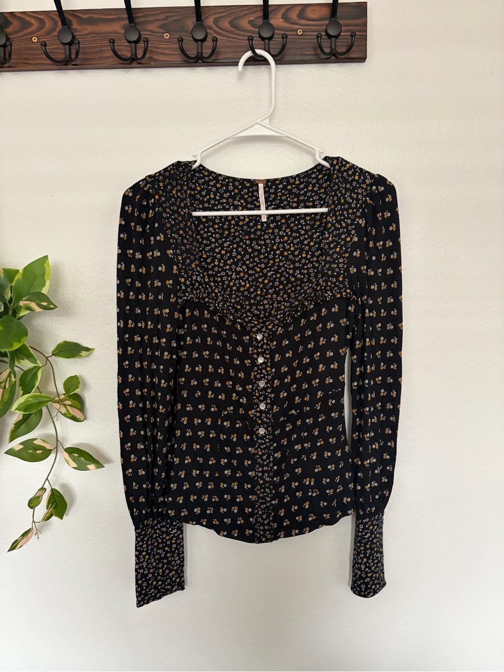 Free People Black Floral Button-Front Long Sleeve Top